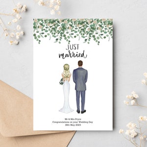 Hochzeitskarte Custom Paar Illustration Hochzeitstag Karte - personalisiert - Braut & Bräutigam Illustration - Eukalyptus Design