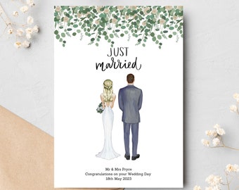 Wedding Card  Custom Couple Illustration Wedding Day Card - Personalised - Bride & Groom Illustration - Eucalyptus Design