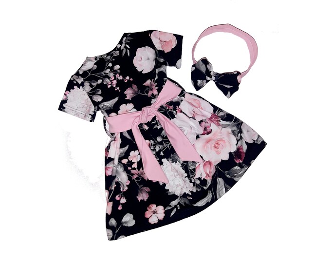 Schaufenster-Bild: Schwarze sfloral Jersey Kleid lang / kurz / FlatterÄrmel, Größe 92 - 140, opt. Stirnband