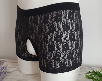 Size M - ready to ship - Mens crotchless lace uncensored extreme lingerie boxers