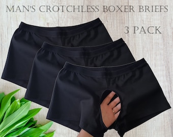 3 Pack - Men's Extreme Open Crotch Panties Uncensored Lingerie Boxer Briefs, Various Fabrics