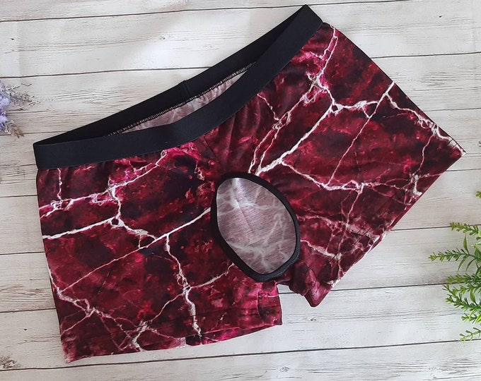Men's Extreme Open Crotchless Boxer Briefs, Sexy Marble Pattern