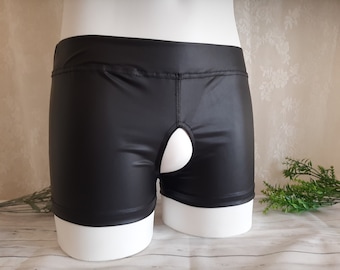 Faux Leather Boxer Briefs for Men - Edgy and Risque Underwear with Crotchless Design