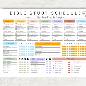 May include: A colorful Bible study schedule with the title "Bible Study Schedule" and the subtitle "Jesus - Life, Teaching & Kingdom." The schedule is divided into daily, monthly, quarterly, semi-annual, and annual sections, with checkboxes for tracking progress.