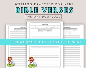 May include: A set of printable worksheets for kids to practice writing Bible verses. The worksheets feature a cartoon illustration of Jesus and include verses such as "God is love", "Delight yourself in the Lord", and "Be still, and know that I am God".