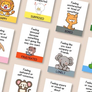 Pode incluir: Um conjunto de cartões de emoções com ilustrações de animais de desenho animado. Cada cartão mostra uma emoção como "Feliz", "Surpreso", "Entediado" e "Triste", com uma ilustração e uma descrição do sentimento.