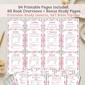 Puede incluir: Un conjunto de 94 páginas imprimibles con 66 resúmenes de libros y páginas de estudio adicionales con bordes florales rosas. El texto incluye 94 Printable Pages Included, 66 Book Overviews + Bonus Study Pages y Printable Study Inserts, 5x7 Bible Tip-Ins.