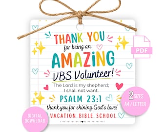 Etichette regalo di ringraziamento per i volontari della Scuola Biblica Estiva 2026, Etichette regalo di ringraziamento per i volontari della Scuola Biblica Estiva, Regalo per i volontari della Scuola Biblica Estiva, Stampabile in formato PDF A4