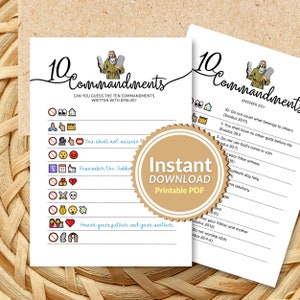 May include: A printable game sheet with the title "10 Commandments" and a picture of a man holding a tablet. The game asks players to guess the ten commandments written with emojis. The answer key is on the right side of the sheet.