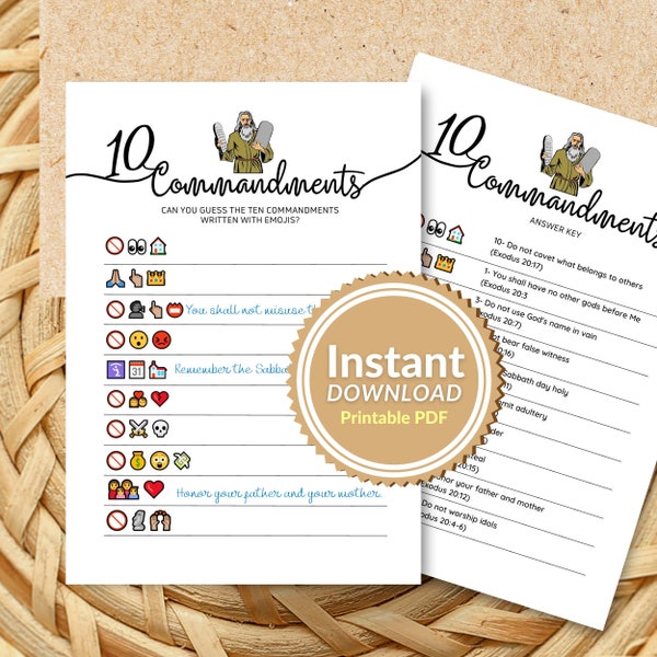 Emoji Picture Game 10 Commandments Bible Scripture learn, Printable, Christian Activity, Christian Game for Kids and Adults, Bible Game