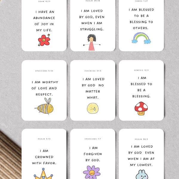 Bibelbaserade affirmationskort för barn, affirmationskort för barn, Montessorikort, självkärlekskort för barn, bibelbaserade affirmationer för barn
