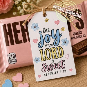 以下が含まれることがあります： 「the joy of the LORD is Sweet」の文字と花とハートのイラストが描かれた白いギフトタグ。ハーシーのミルクチョコレートバーに紐で結ばれています。ピンクと青のハート型の切り抜きが散らばっています。