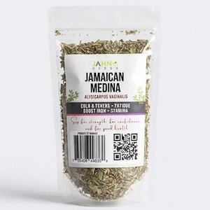 May include: A clear, resealable plastic pouch filled with dried Jamaican Medina herbs, labelled Alysicarpus vaginalis. The label features the text Jahn Herbs, Jamaican Medina, and Boost Iron Stamina, along with a barcode and a QR code.