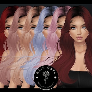May include: Six different color variations of a long, wavy hairstyle. The hair is styled with a side part and falls down the shoulders. The hair colors are red, pink, light pink, blue, light blue, and burgundy.