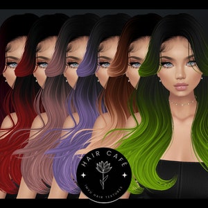 May include: Five different color variations of a long, straight hairstyle. The hair is styled with a side part and falls down the back. The hair colors are red, pink, purple, brown, and green.