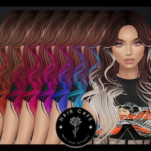 May include: A row of eight different colored hair textures, with a white and gray hair texture in the front. The hair textures are all wavy and long. The hair textures are labeled "Hair Cafe" with a flower logo and the text "IMVU Hair Textures".