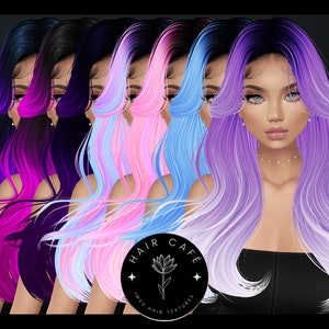 May include: Five different color variations of a long, wavy hairstyle with ombre coloring. The hair is styled with a side part and has a soft, flowing texture. The hair colors include pink, blue, purple, and black.