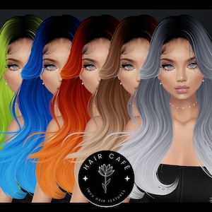 May include: Four digital illustrations of women with different colored hair. The hair colors are green, blue, orange, and gray. The women are all wearing black tops and have similar facial features. The text "HAIR CAFE IMVU HAIR TEXTURES" is at the bottom of the image.