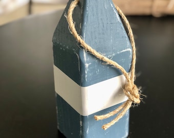 Blue Painted Wood Buoy, Coastal Door Stop Bookend