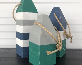 Painted Wood Lobster Buoy Set, Coastal Door Stop Bookend, Green and Navy