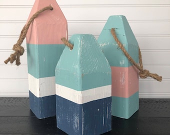 Painted Wood Lobster Buoy Set, Coastal Door Stop, Beach Decor
