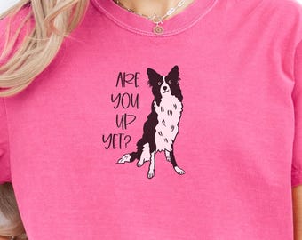 May include: A bright pink t-shirt featuring a black and white illustration of a Border Collie dog. The text "ARE YOU UP YET?" is printed in black above the dog. The shirt has short sleeves.
