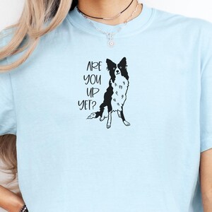 Puede incluir: Camiseta azul claro con una ilustraci&oacute;n en blanco y negro de un perro Border Collie. El texto "ARE YOU UP YET?" est&aacute; impreso en negro sobre el perro. La camiseta es de material suave.