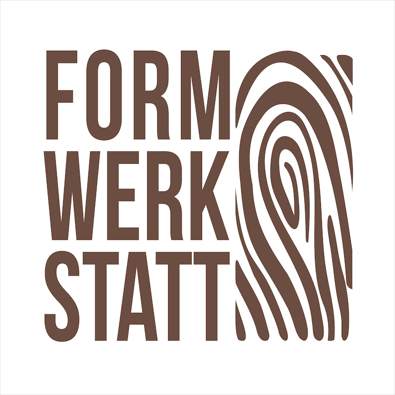 K&ouml;nnte beinhalten: Braunes Grafikdesign mit dem Text "FORMWERKSTATT" und einem stilisierten Fingerabdruckdesign.