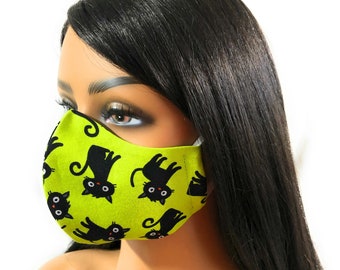 Halloween Mask - 100% Cotton Adult Three-Layer Face Mask - Halloween Gift- Unisex- Spooky Black Cats - Scary Cats