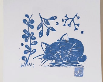 Print, linocut - kitten 1 blue