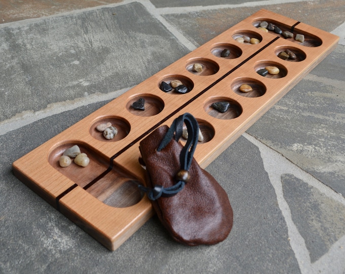 Handmade Mancala Board Game: Wood Board with Leather Bags