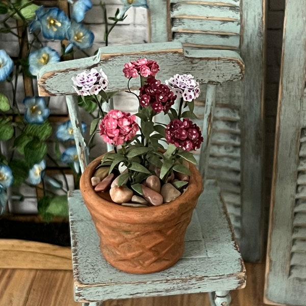 Artisan Dollhouse Miniature Arrangement of Sweet Willams in Distressed Clay Planter - One Inch Scale - OOAK