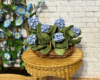 Handmade Dollhouse Miniature Basket of Vibrant Blue Hydrangeas - One Inch Scale