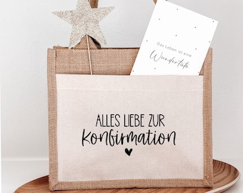 kleine Jutetasche mit Einsteckfach zur Konfirmation mit Schriftzug nach Wahl