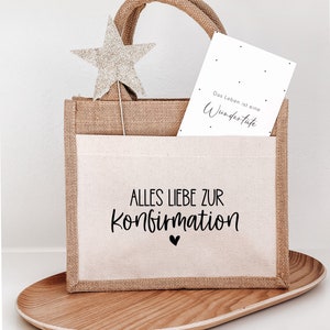 kleine Jutetasche mit Einsteckfach zur Konfirmation mit Schriftzug nach Wahl