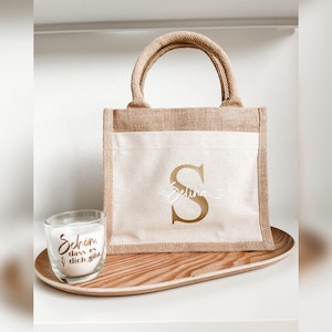 Personalisierte Jutetasche Initiale / Name | Kleine Geschenktasche aus Jute mit Fach