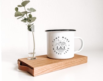 Enamel mug / cup "Camp more worry less" coffee mug | coffee | gift | camping | campfire