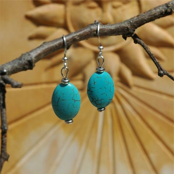 Boucles d'oreilles turquoise en plaque argent avec perles Turquoise ovales