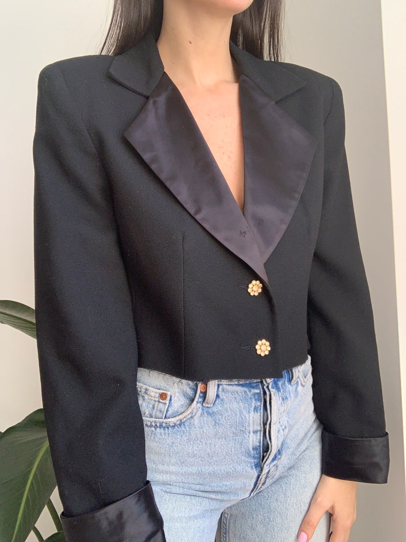 Vintage 80/'s 100/% Wool Black Re-Worked Cropped Oversized Blazer with Rhinestone Buttons