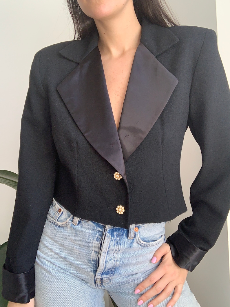 Vintage 80/'s 100/% Wool Black Re-Worked Cropped Oversized Blazer with Rhinestone Buttons