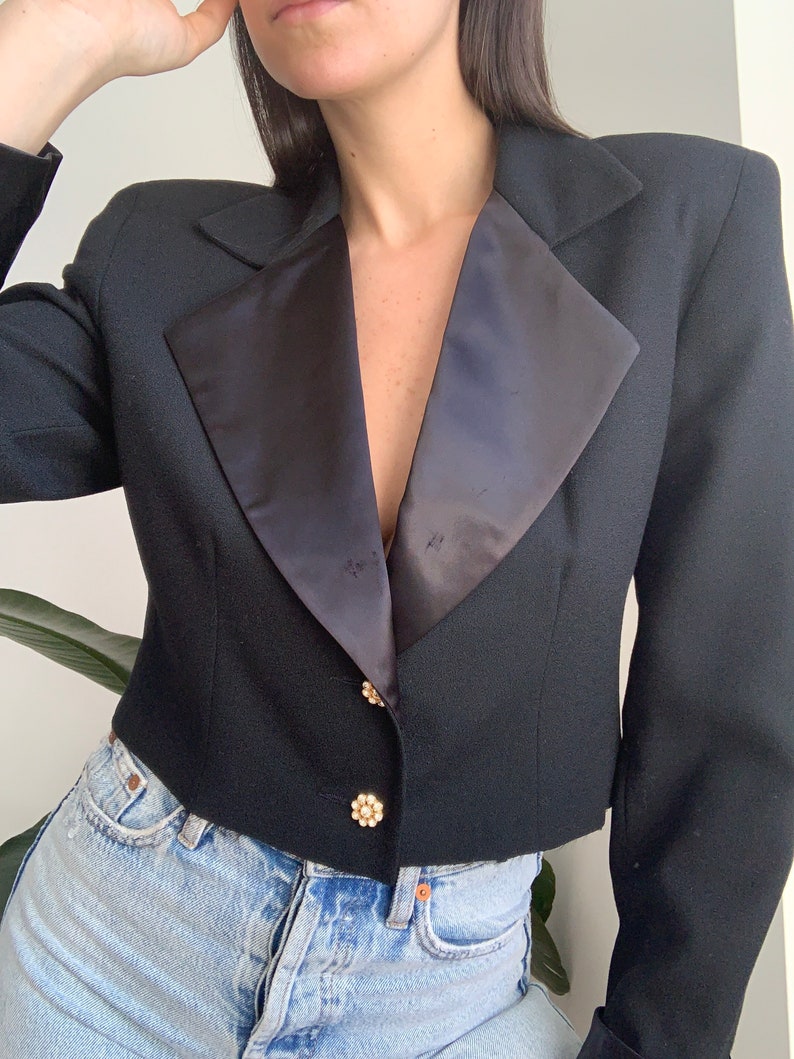 Vintage 80/'s 100/% Wool Black Re-Worked Cropped Oversized Blazer with Rhinestone Buttons