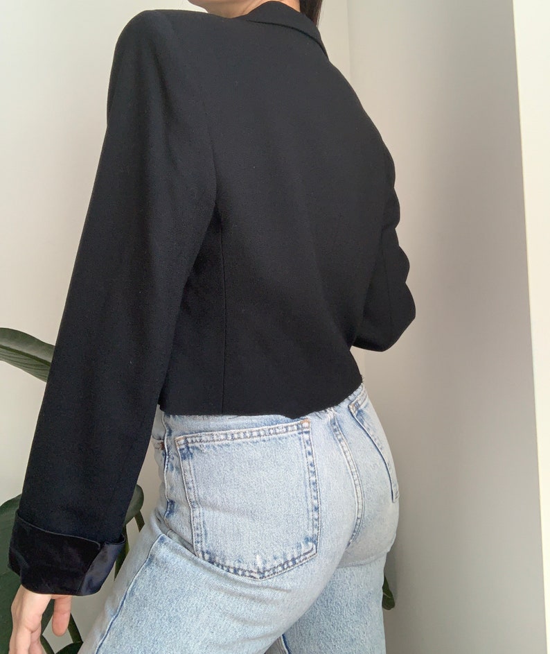 Vintage 80/'s 100/% Wool Black Re-Worked Cropped Oversized Blazer with Rhinestone Buttons