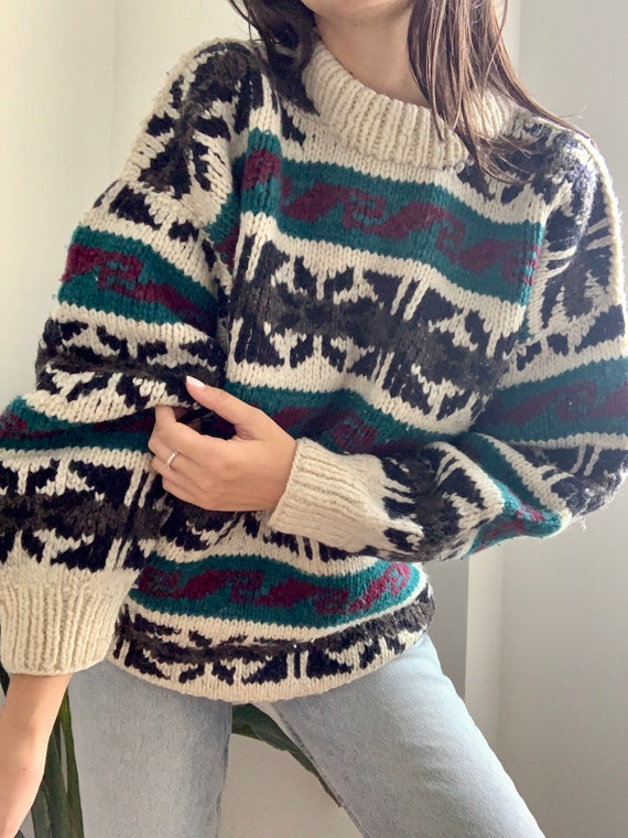 Vintage Ski Sweater Wool Abstract Print