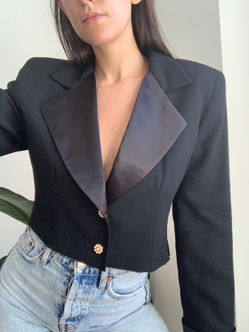 Vintage 80/'s 100/% Wool Black Re-Worked Cropped Oversized Blazer with Rhinestone Buttons