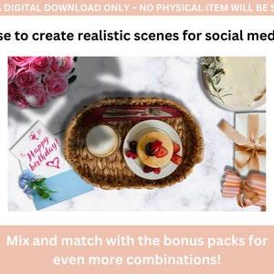 K&ouml;nnte beinhalten: Ein digitaler Download einer Geburtstagsszene mit einem Weidenkorb mit einer Tasse Kaffee, einem kleinen Kuchen mit Beeren, einer Geburtstagskarte, einem Strau&szlig; rosa Rosen, einem Kuchen und einer Geschenkbox. Die Szene befindet sich auf einem wei&szlig;en Marmoruntergrund.