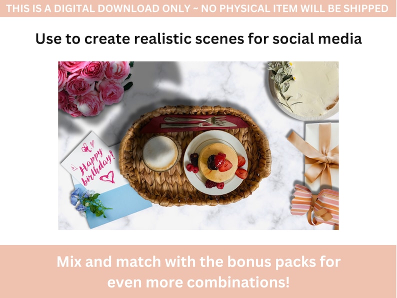 K&ouml;nnte beinhalten: Ein digitaler Download einer Geburtstagsszene mit einem Weidenkorb mit einer Tasse Kaffee, einem kleinen Kuchen mit Beeren, einer Geburtstagskarte, einem Strau&szlig; rosa Rosen, einem Kuchen und einer Geschenkbox. Die Szene befindet sich auf einem wei&szlig;en Marmoruntergrund.