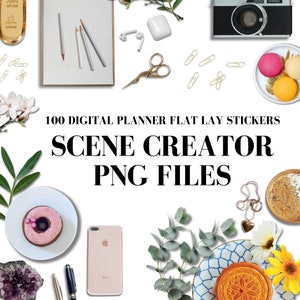 May include: A collection of 100 digital planner flat lay stickers, perfect for creating scenes. The stickers are PNG files and include items like a donut, a camera, a phone, and flowers.