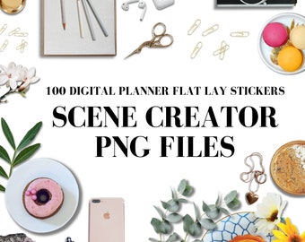 Scene Ersteller PNG Dateien - Goodnotes digitale Aufkleber - bewegliche Gegenstände von oben Ansicht - Blumen png - Lebensmittel png - Schreibtisch png