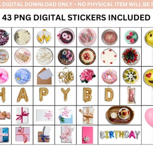 K&ouml;nnte beinhalten: Ein Set mit 43 digitalen Geburtstagsaufklebern mit verschiedenen Bildern, darunter Kuchen, Donuts, Ballons, Geschenke und die Worte "Happy Birthday".