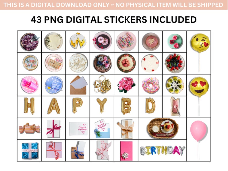 K&ouml;nnte beinhalten: Ein Set mit 43 digitalen Geburtstagsaufklebern mit verschiedenen Bildern, darunter Kuchen, Donuts, Ballons, Geschenke und die Worte "Happy Birthday".